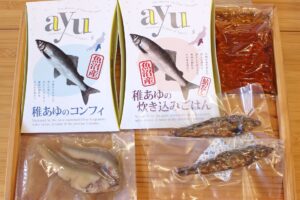 【写真】「稚あゆの炊き込みごはん」と「稚あゆのコンフィ」の試作品